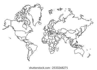 World map Outline, Linear Doodle Drawing. for website layouts,background,education, precise,customizable,Travel worldwide,map silhouette backdrop,earth geography, political,reports.