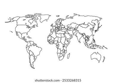 World map Outline, Linear Doodle Drawing. for website layouts,background,education, precise,customizable,Travel worldwide,map silhouette backdrop,earth geography, political,reports.