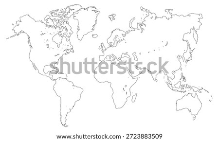 World map outline with no details, showing continents and oceans in a simple black and white style used for educational purposes and art