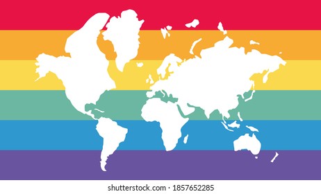 Esquema del mapa mundial sobre la bandera LGBT. Vector.