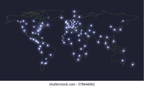 World Map Outline with Shiny Dot Points. Global Communication Concept