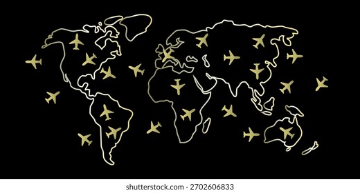 Weltkarte mit Flugzeugsymbolen. Global Travel and Aviation Graphic Representative International Connectivity. Die Flugzeuge symbolisieren globales Reisen, internationale Konnektivität und Luftverkehr. 