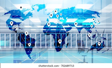 World Map Over Data Center Room Hosting Server Computer Information Database Flat Vector Illustration