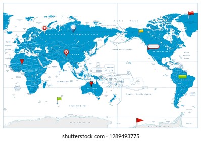 World Map Pacific Centred and glossy icons on map. Detailed Vector Illustration World Map.