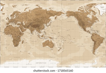 World Map - Pacific China Asia View - Vintage Physical Topographic - Vector Detailed Illustration