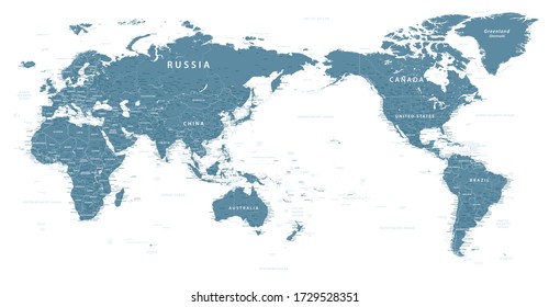 World Map - Pacific China Asia Centered View - Gray Color Political - Vector Layered Detailed Illustration