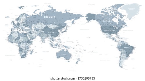 World Map - Pacific China Asia Centered View - Gray Color Political - Vector Layered Detailed