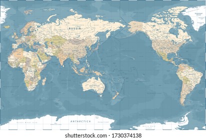 World Map - Pacific China Asia View - Vintage Political Topographic - Vector Detailed Illustration