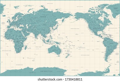 World Map - Pacific China Asia View - Vintage Political Topographic - Vector Detailed Illustration