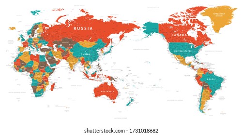 World Map - Pacific China Asia Centered View - Color Political - Vector Layered Detailed Illustration