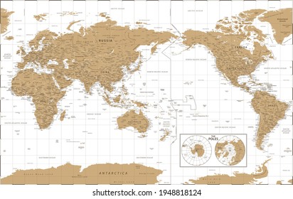 World Map - Pacific China Asia Centered View - The Poles -Vintage Golden Political - Vector Detailed Illustration