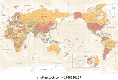 World Map - Pacific China Asia View - The Poles - Vintage Physical Topographic - Vector Detailed Illustration