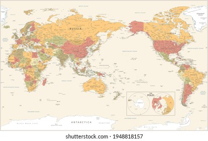 World Map - Pacific China Asia View - The Poles - Vintage Physical Topographic - Vector Detailed Illustration