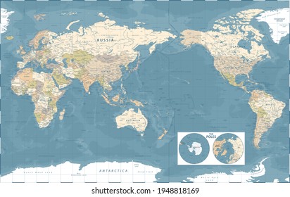 Weltkarte - Pacific China Asia View - The Poles - Vintage Physical Topographic - Vektorgrafik im Detail