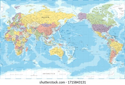 World Map - Pacific View - Asia China Center - Political Topographic - Vector Detailed Illustration