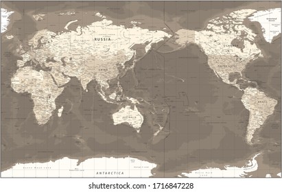 World Map - Pacific View - Asia China Center - Political Topographic - Vector Detailed Illustration