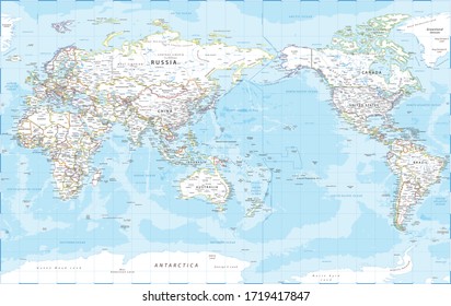 World Map - Pacific View - Asia China Center - Political Topographic - Vector Detailed Illustration