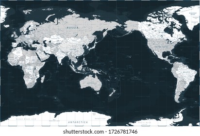 World Map - Pacific View - Asia China Center - Dark Black Grayscale Political - Vector Detailed Illustration