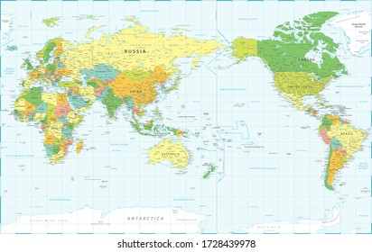 Mapa Mundial - Vista del Pacífico - Centro Asia-China - Topografía política - Detector de capas