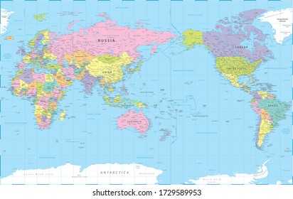 World Map - Pacific View Asia China Center - Political Topographic - Layers - Vector Detailed Illustration