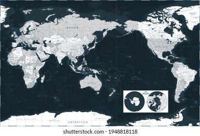 Weltkarte - Pacific View - Asia China Center - The Poles - Dunkle Schwarze Graustufen, politische Vektorgrafik im Detail