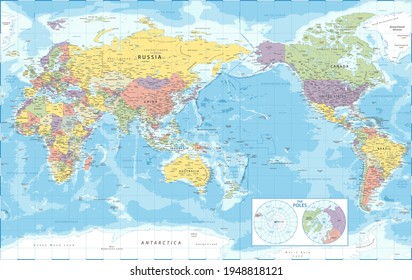 World Map - Pacific View - Asia China Center - The Poles Political Topographic - Vector Detailed Illustration