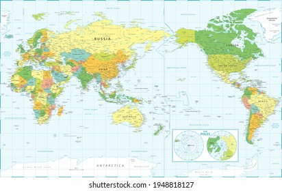 World Map - Pacific View - Asia China Center - The Poles - Political Topographic Layers Vector Detailed Illustration