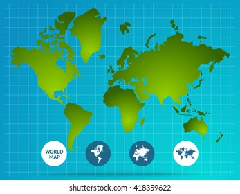 World map page of website with green continents grid buttons at bottom on blue background vector illustration 
