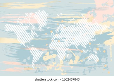 World map paper. Abstract marble trendy texture in pastel and gold colors. Strokes. Vector illustration.