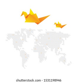 world map with paper bird contact and communication concept