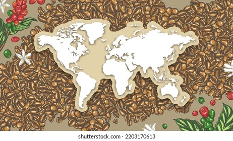 World Map Paper Cut On Hand Drawn Pile Of Coffee