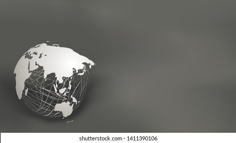 World map paper cut style on white mesh sphere on dark grey and black background, with copy space for text. EPS10, vector and illustration. Asia and Australia. Asian map.