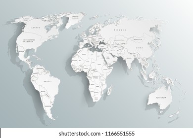 Mapa mundial. Mapa político del mundo sobre un fondo gris. Países. Ilustración vectorial.