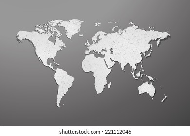 World map with paper texture and shadow on gray background