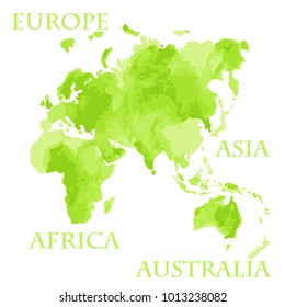 World map part Europe, Asia, Africa and Australia in green vector watercolor illustration