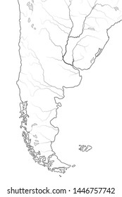 World Map Of PATAGONIA In SOUTH AMERICA: 
Argentina, Chile, Paraguay, Uruguay, Patagonia, Pampa, Andes, Cordilleras, Paraná River. Geographic Chart Of Continent With Rivers And Oceanic Coastline.