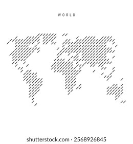 World map from pattern of black slanted parallel lines. World map with gray diagonal lines. Silhouette of a country made of oblique hatching. Vector illustration isolated on white.