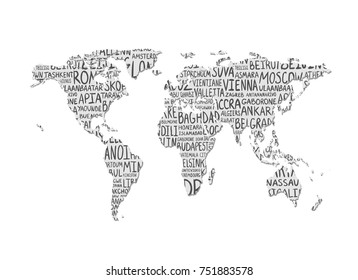 World map with pattern of capital cities names