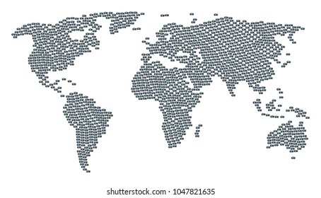 World map pattern created of projector design elements. Vector projector items are composed into mosaic worldwide plan.