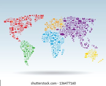 World map pattern with social media and technology icons