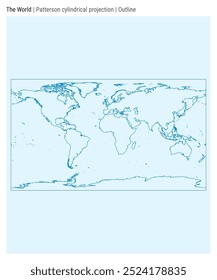 Mapa mundial. Proyección cilíndrica de Patterson. Estilo de contorno. Mapa mundial de alto detalle para infografías, educación, informes, presentaciones. Ilustración vectorial.