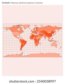 Mapa do Mundo. Projeção cilíndrica Patterson. Estilo Países. Mapa mundial de alto detalhe para infográficos, educação, relatórios, apresentações. Ilustração vetorial.