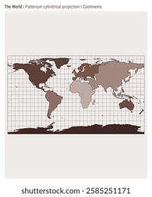 World Map. Patterson cylindrical projection. Continents style. High Detail World map for infographics, education, reports, presentations. Vector illustration.