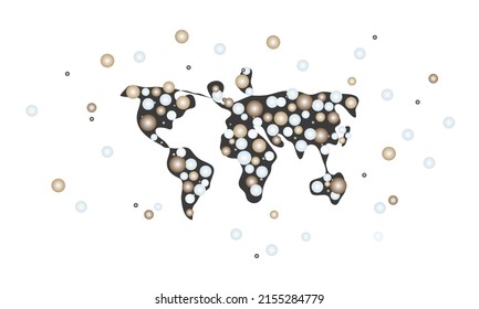 World map with pearls. 3d, white background. Vector. Jewelry abstract background