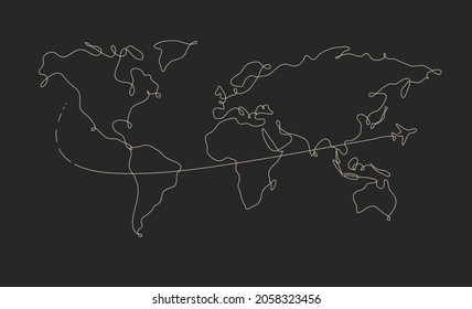 Plano mundial de la línea de la pluma de la línea de viaje dibujar en fondo negro