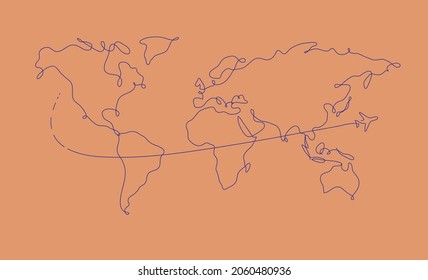 World map pen line plane travel drawing on salmon color background