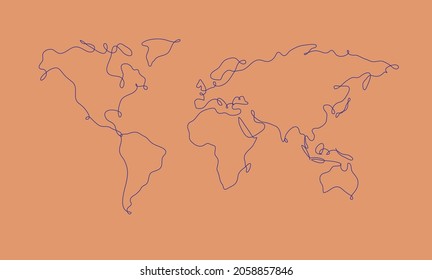 Mapa del mundo en línea de pluma dibujando sobre fondo color salmón