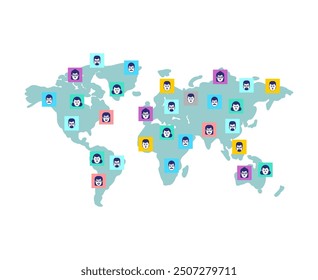 World map and people. Avatars on planet earth. Concept of world communication and people living on different continents.