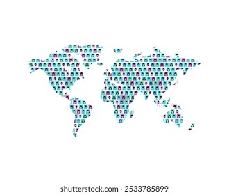 Mapa mundial y personas. Avatares en el planeta tierra. Concepto de comunicación mundial y personas que viven en diferentes continentes.