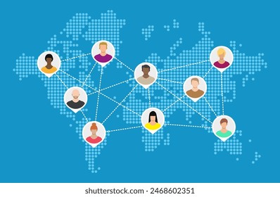 World map with people avatars. Social netwroking. Male and female faces avatars. Discussion group, people talking. Communication, chat, assistance. Vector illustration in flat style